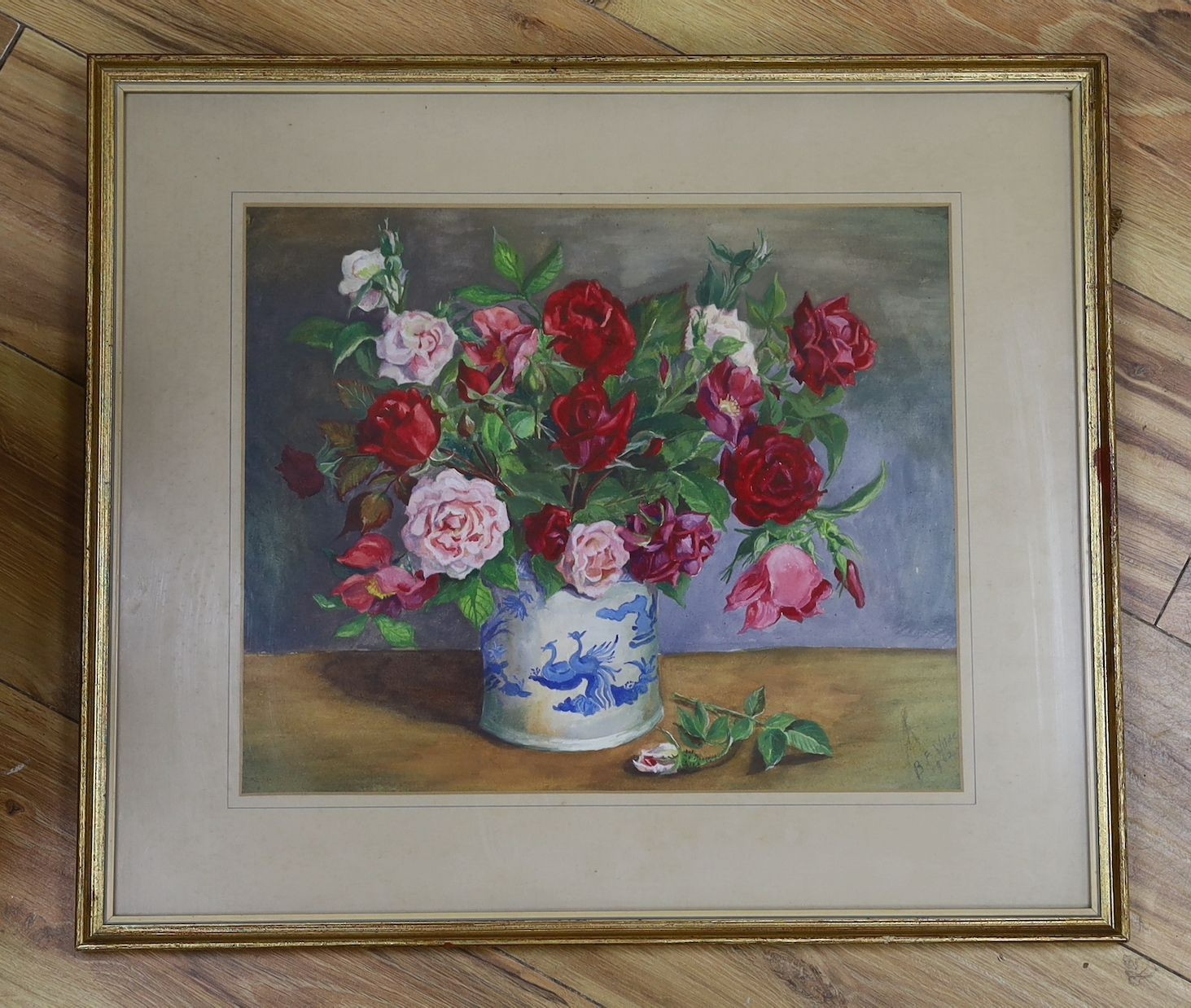 B. F. Wilde, watercolour, Still life of roses in a Chinese vase, signed and dated 1962, 32 x 38cm